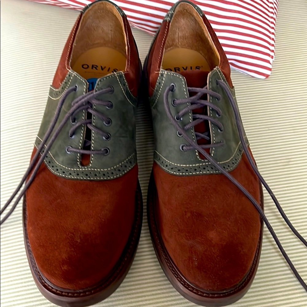 Orvis suede loafers. Ruddy brown with green.